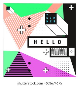 Trendy vector summer cards illustration with line elements and abstract colorful textures. Design for poster, card, invitation, brochure, and promotion template. Fashion art print and background.