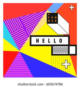 Trendy vector summer cards illustration with line elements and abstract colorful textures. Design for poster, card, invitation, brochure, and promotion template. Fashion art print and background.