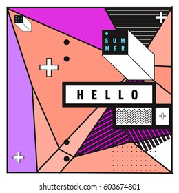Trendy vector summer cards illustration with line elements and abstract colorful textures. Design for poster, card, invitation, brochure, and promotion template. Fashion art print and background.