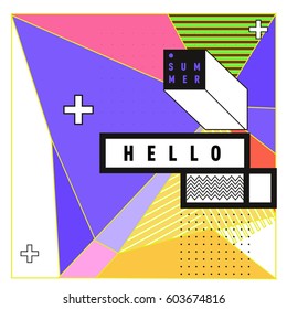 Trendy vector summer cards illustration with line elements and abstract colorful textures. Design for poster, card, invitation, brochure, and promotion template. Fashion art print and background.