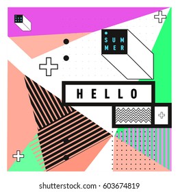 Trendy vector summer cards illustration with line elements and abstract colorful textures. Design for poster, card, invitation, brochure, and promotion template. Fashion art print and background.
