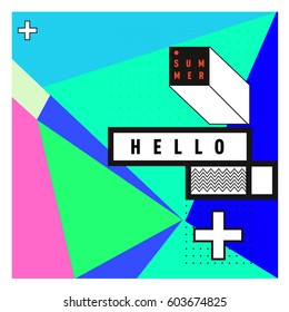 Trendy vector summer cards illustration with line elements and abstract colorful textures. Design for poster, card, invitation, brochure, and promotion template. Fashion art print and background.