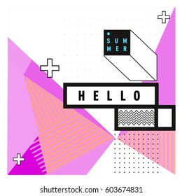 Trendy vector summer cards illustration with line elements and abstract colorful textures. Design for poster, card, invitation, brochure, and promotion template. Fashion art print and background.