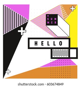 Trendy vector summer cards illustration with line elements and abstract colorful textures. Design for poster, card, invitation, brochure, and promotion template. Fashion art print and background.