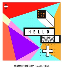 Trendy vector summer cards illustration with line elements and abstract colorful textures. Design for poster, card, invitation, brochure, and promotion template. Fashion art print and background.