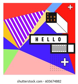 Trendy vector summer cards illustration with line elements and abstract colorful textures. Design for poster, card, invitation, brochure, and promotion template. Fashion art print and background.