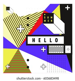 Trendy vector summer cards illustration with line elements and abstract colorful textures. Design for poster, card, invitation, brochure, and promotion template. Fashion art print and background.
