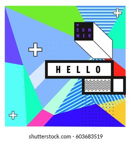 Trendy vector summer cards illustration with line elements and abstract colorful textures. Design for poster, card, invitation, brochure, and promotion template. Fashion art print and background.