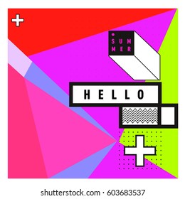 Trendy vector summer cards illustration with line elements and abstract colorful textures. Design for poster, card, invitation, brochure, and promotion template. Fashion art print and background.