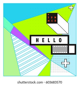Trendy vector summer cards illustration with line elements and abstract colorful textures. Design for poster, card, invitation, brochure, and promotion template. Fashion art print and background.