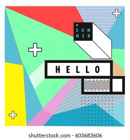 Trendy vector summer cards illustration with line elements and abstract colorful textures. Design for poster, card, invitation, brochure, and promotion template. Fashion art print and background.