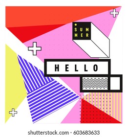 Trendy vector summer cards illustration with line elements and abstract colorful textures. Design for poster, card, invitation, brochure, and promotion template. Fashion art print and background.