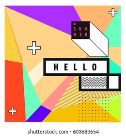 Trendy vector summer cards illustration with line elements and abstract colorful textures. Design for poster, card, invitation, brochure, and promotion template. Fashion art print and background.