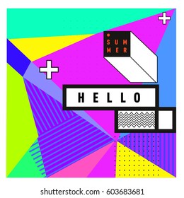 Trendy vector summer cards illustration with line elements and abstract colorful textures. Design for poster, card, invitation, brochure, and promotion template. Fashion art print and background.