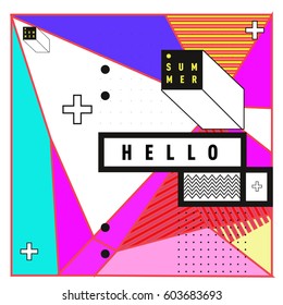 Trendy vector summer cards illustration with line elements and abstract colorful textures. Design for poster, card, invitation, brochure, and promotion template. Fashion art print and background.