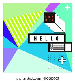 Trendy vector summer cards illustration with line elements and abstract colorful textures. Design for poster, card, invitation, brochure, and promotion template. Fashion art print and background.