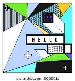 Trendy vector summer cards illustration with line elements and abstract colorful textures. Design for poster, card, invitation, brochure, and promotion template. Fashion art print and background.
