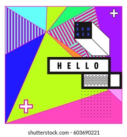 Trendy vector summer cards illustration with line elements and abstract colorful textures. Design for poster, card, invitation, brochure, and promotion template. Fashion art print and background.