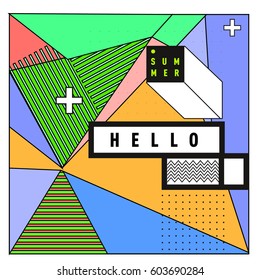 Trendy vector summer cards illustration with line elements and abstract colorful textures. Design for poster, card, invitation, brochure, and promotion template. Fashion art print and background.