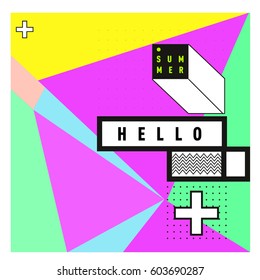 Trendy vector summer cards illustration with line elements and abstract colorful textures. Design for poster, card, invitation, brochure, and promotion template. Fashion art print and background.