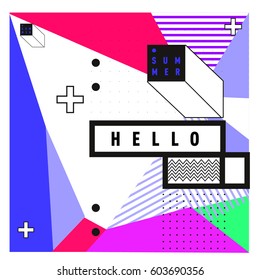 Trendy vector summer cards illustration with line elements and abstract colorful textures. Design for poster, card, invitation, brochure, and promotion template. Fashion art print and background.
