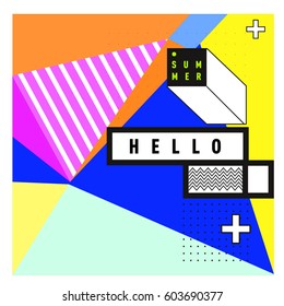 Trendy vector summer cards illustration with line elements and abstract colorful textures. Design for poster, card, invitation, brochure, and promotion template. Fashion art print and background.