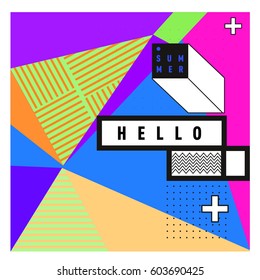 Trendy vector summer cards illustration with line elements and abstract colorful textures. Design for poster, card, invitation, brochure, and promotion template. Fashion art print and background.
