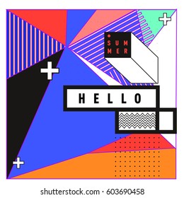 Trendy vector summer cards illustration with line elements and abstract colorful textures. Design for poster, card, invitation, brochure, and promotion template. Fashion art print and background.