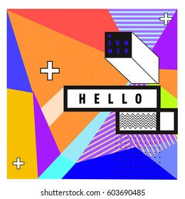 Trendy vector summer cards illustration with line elements and abstract colorful textures. Design for poster, card, invitation, brochure, and promotion template. Fashion art print and background.