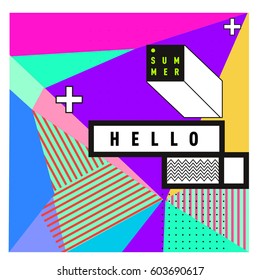 Trendy vector summer cards illustration with line elements and abstract colorful textures. Design for poster, card, invitation, brochure, and promotion template. Fashion art print and background.