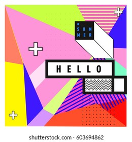 Trendy vector summer cards illustration with line elements and abstract colorful textures. Design for poster, card, invitation, brochure, and promotion template. Fashion art print and background.