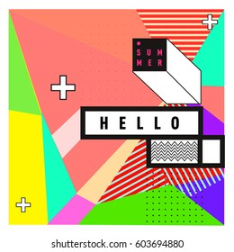 Trendy vector summer cards illustration with line elements and abstract colorful textures. Design for poster, card, invitation, brochure, and promotion template. Fashion art print and background.
