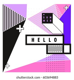 Trendy vector summer cards illustration with line elements and abstract colorful textures. Design for poster, card, invitation, brochure, and promotion template. Fashion art print and background.