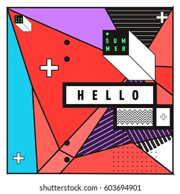 Trendy vector summer cards illustration with line elements and abstract colorful textures. Design for poster, card, invitation, brochure, and promotion template. Fashion art print and background.