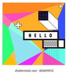 Trendy vector summer cards illustration with line elements and abstract colorful textures. Design for poster, card, invitation, brochure, and promotion template. Fashion art print and background.