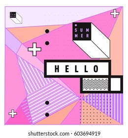 Trendy vector summer cards illustration with line elements and abstract colorful textures. Design for poster, card, invitation, brochure, and promotion template. Fashion art print and background.