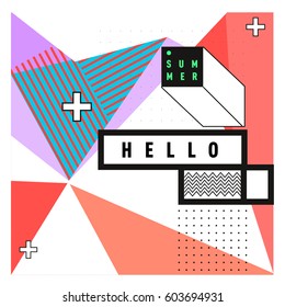 Trendy vector summer cards illustration with line elements and abstract colorful textures. Design for poster, card, invitation, brochure, and promotion template. Fashion art print and background.
