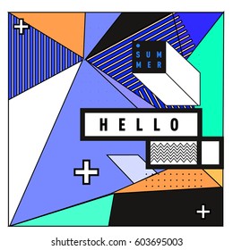 Trendy vector summer cards illustration with line elements and abstract colorful textures. Design for poster, card, invitation, brochure, and promotion template. Fashion art print and background.