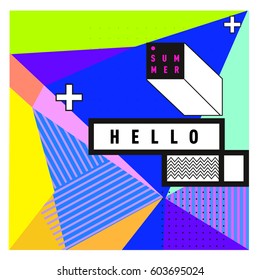 Trendy vector summer cards illustration with line elements and abstract colorful textures. Design for poster, card, invitation, brochure, and promotion template. Fashion art print and background.