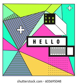 Trendy vector summer cards illustration with line elements and abstract colorful textures. Design for poster, card, invitation, brochure, and promotion template. Fashion art print and background.