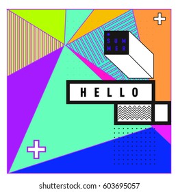 Trendy vector summer cards illustration with line elements and abstract colorful textures. Design for poster, card, invitation, brochure, and promotion template. Fashion art print and background.