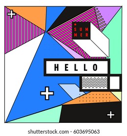 Trendy vector summer cards illustration with line elements and abstract colorful textures. Design for poster, card, invitation, brochure, and promotion template. Fashion art print and background.