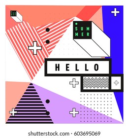 Trendy vector summer cards illustration with line elements and abstract colorful textures. Design for poster, card, invitation, brochure, and promotion template. Fashion art print and background.