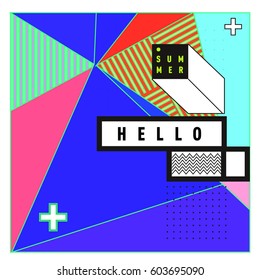 Trendy vector summer cards illustration with line elements and abstract colorful textures. Design for poster, card, invitation, brochure, and promotion template. Fashion art print and background.