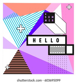 Trendy vector summer cards illustration with line elements and abstract colorful textures. Design for poster, card, invitation, brochure, and promotion template. Fashion art print and background.