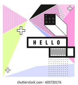 Trendy vector summer cards illustration with line elements and abstract colorful textures. Design for poster, card, invitation, brochure, and promotion template. Fashion art print and background.