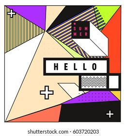 Trendy vector summer cards illustration with line elements and abstract colorful textures. Design for poster, card, invitation, brochure, and promotion template. Fashion art print and background.