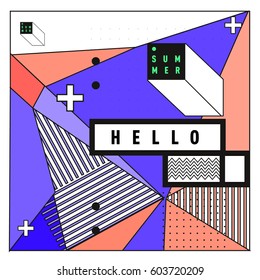 Trendy vector summer cards illustration with line elements and abstract colorful textures. Design for poster, card, invitation, brochure, and promotion template. Fashion art print and background.