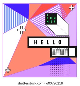 Trendy vector summer cards illustration with line elements and abstract colorful textures. Design for poster, card, invitation, brochure, and promotion template. Fashion art print and background.
