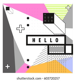 Trendy vector summer cards illustration with line elements and abstract colorful textures. Design for poster, card, invitation, brochure, and promotion template. Fashion art print and background.